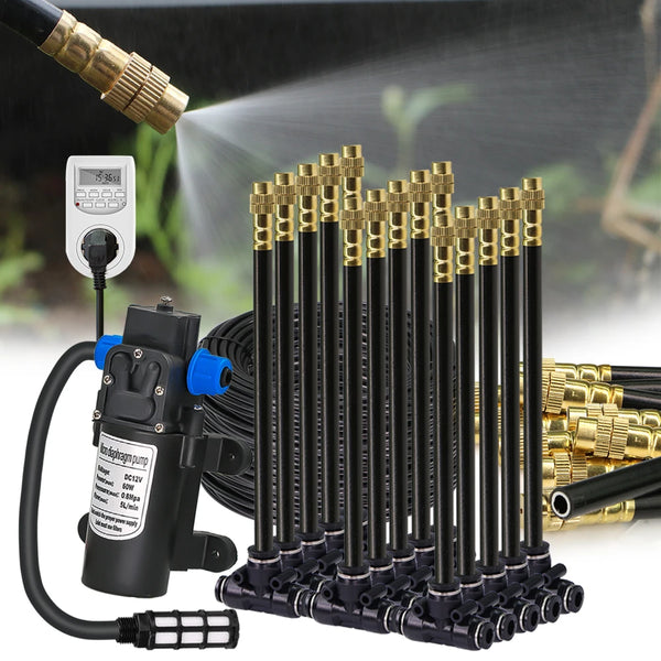 1/4" 4/6mm 60W Water Pump Kits Misting Cooling System Adjustable 20cm Nozzle Atomizer Sprayer Garden